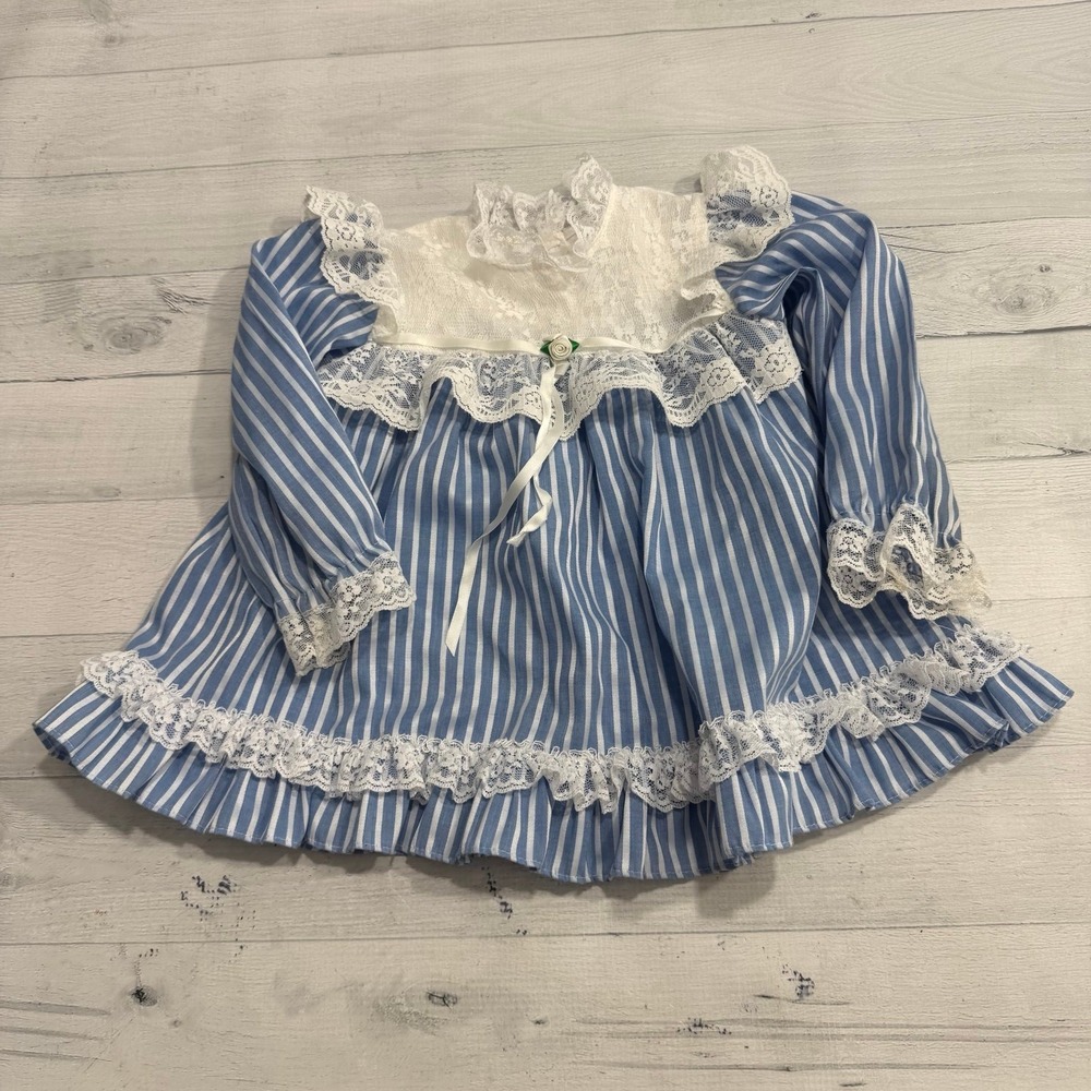 Vintage hugs & kisses baby girl blue white stripes lace dress 24 months